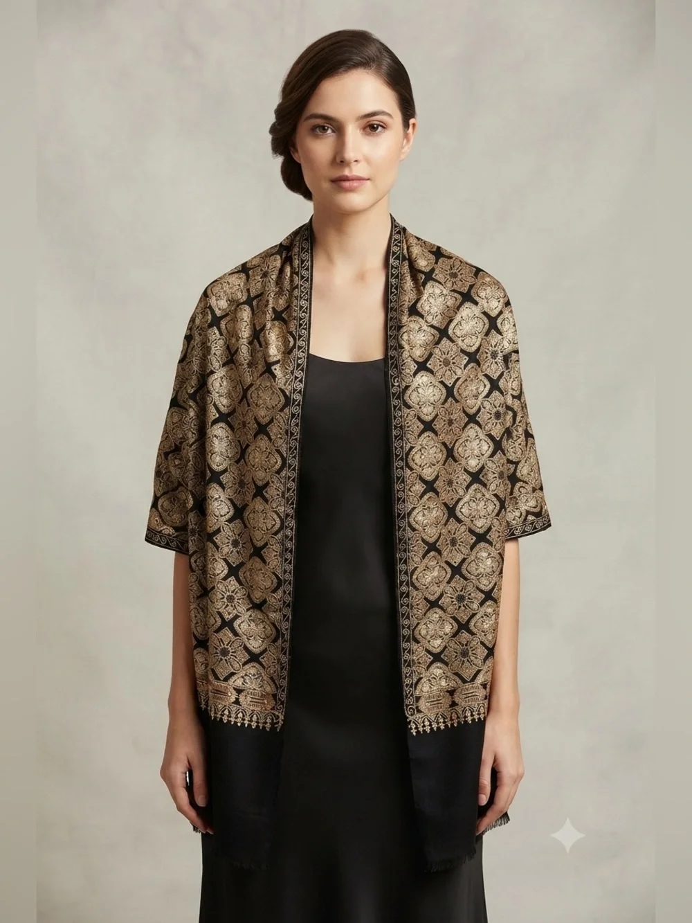 Black Kashmiri Tilla Embroidered Pashmina Shawl | Gold Embroidered Wrap